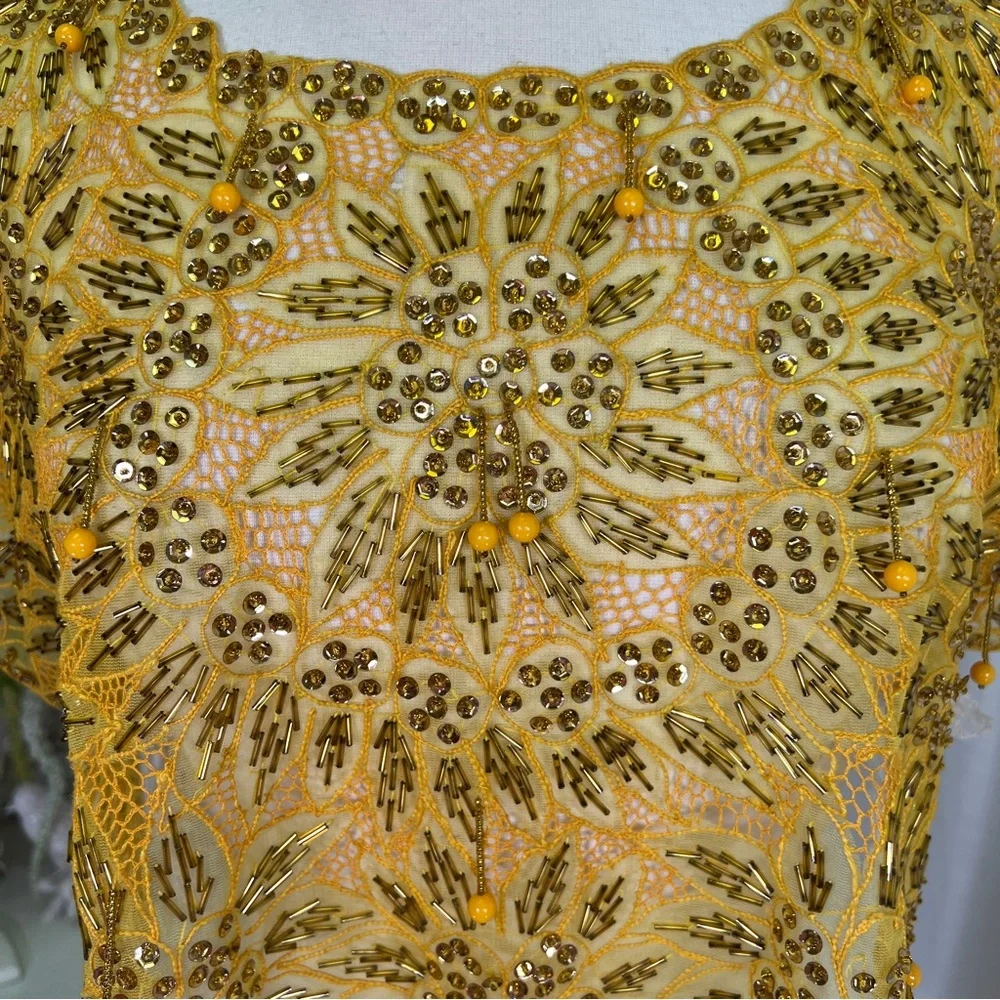 Vintage Funky Yellow Beaded Tie On Top Blouse - Picture 3 of 11